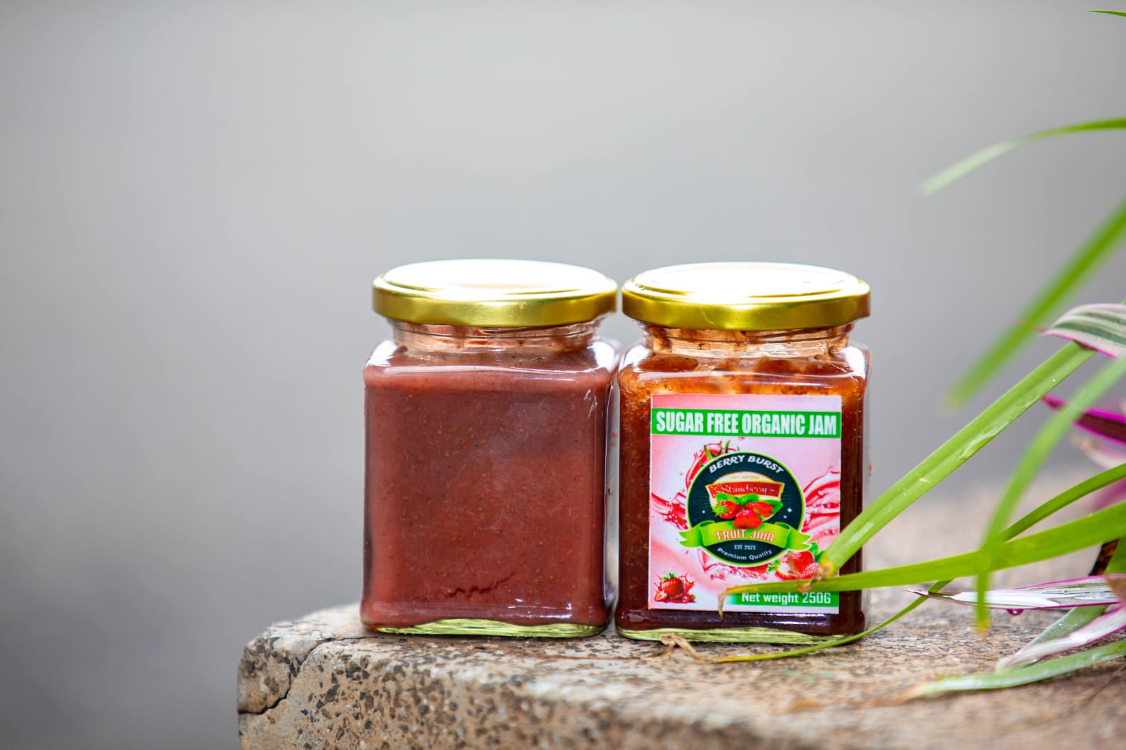 Two jars of Aluvison sugar-free organic jam photographed outdoors